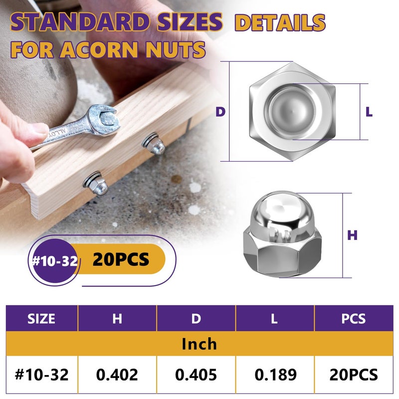 ZerDans #10-32 Acorn Cap Nuts, 20Pcs Metric Hex Acorn Nuts Stainless Steel 18-8 (304) Caps for Indoor Outdoor Bolt Thread Dia Dome Head Hex Kit - Image 4